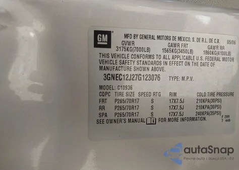 2007 Chevrolet Avalanche 1500 Lt из США, поврежденный, VIN 3GNEC12J27G123076